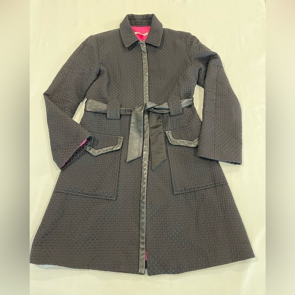Alice + Olivia | Leather Trim Belted Trench Coat | Black | M/6
